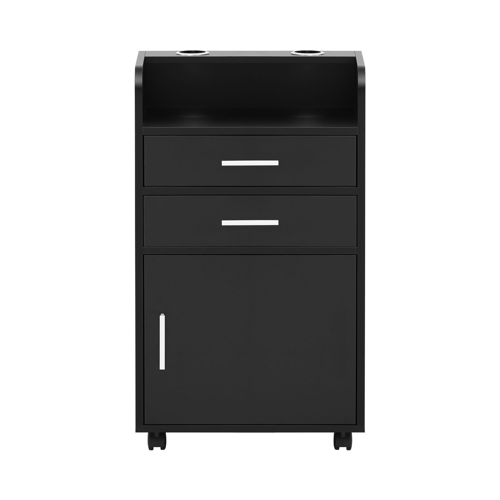 Professional Salon Station Rolling Cart, Hair Styling Beauty Cabinet with 2 Drawers & 2 Appliance Holders, Wood Barber Spa Trolley with 360° Wheels for Skincare & Vanity, Black