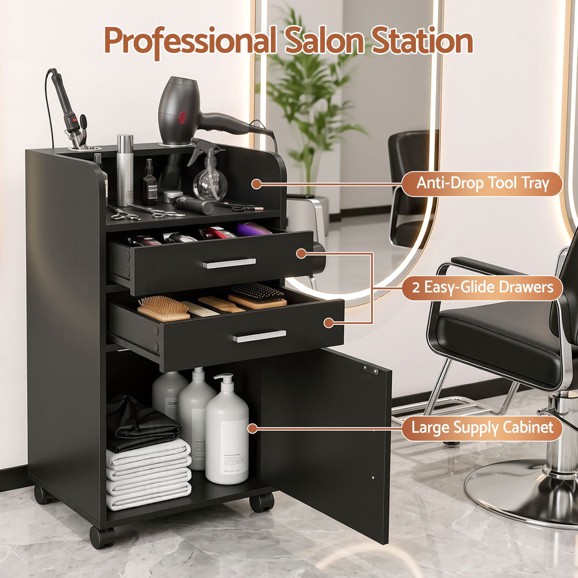 Professional Salon Station Rolling Cart, Hair Styling Beauty Cabinet with 2 Drawers & 2 Appliance Holders, Wood Barber Spa Trolley with 360° Wheels for Skincare & Vanity, Black