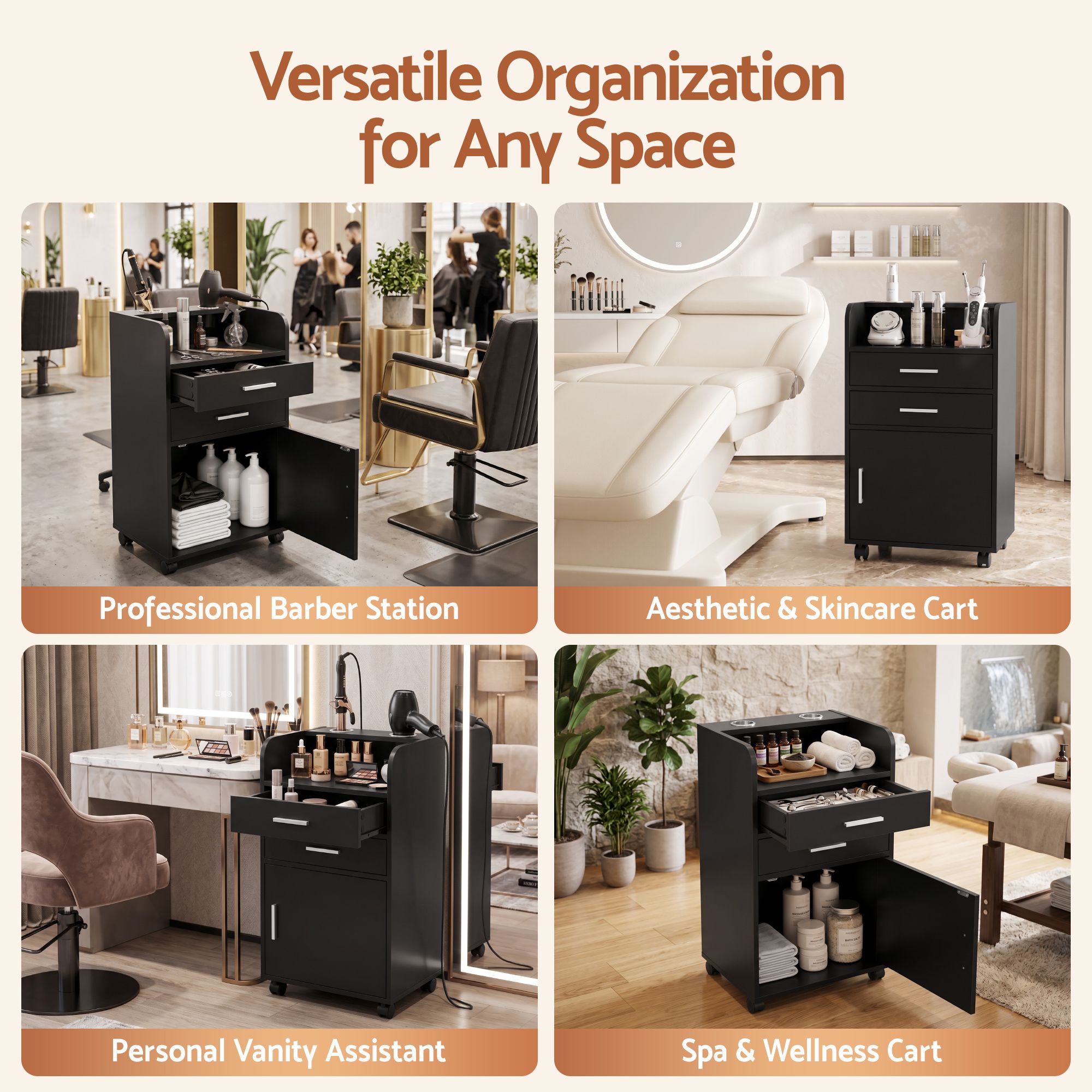 Professional Salon Station Rolling Cart, Hair Styling Beauty Cabinet with 2 Drawers & 2 Appliance Holders, Wood Barber Spa Trolley with 360° Wheels for Skincare & Vanity, Black