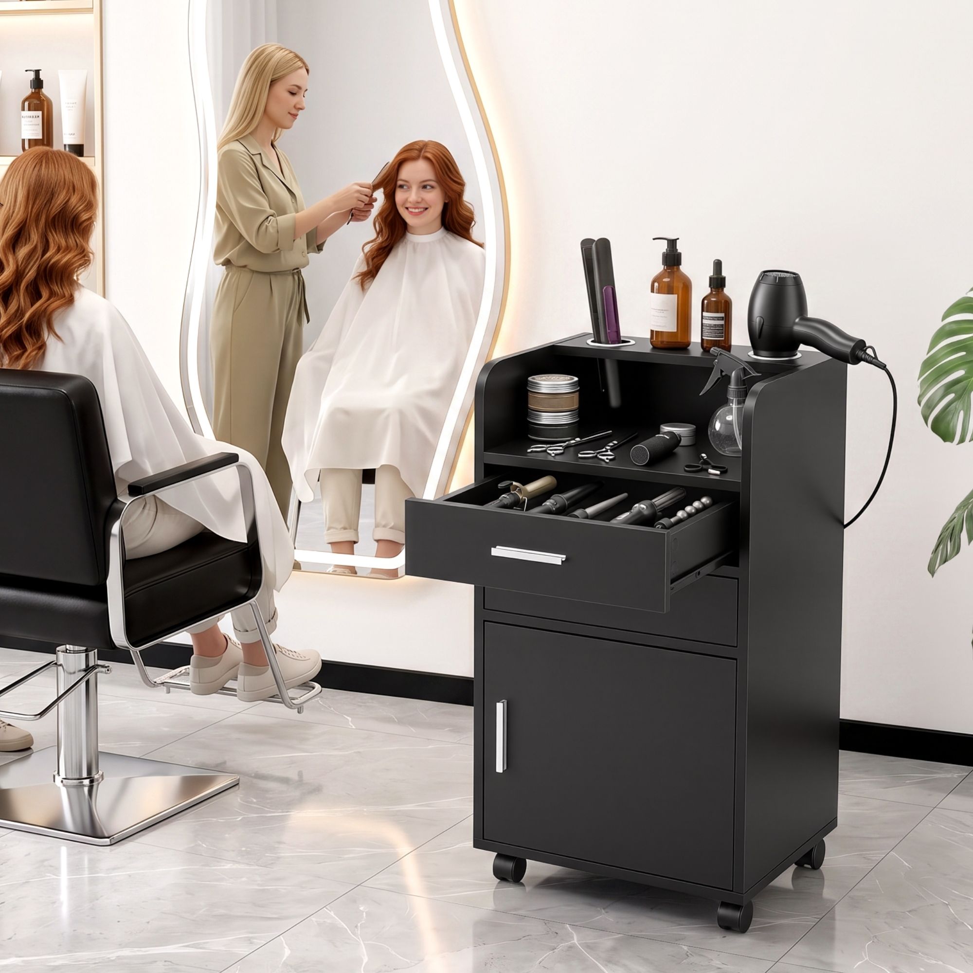 Professional Salon Station Rolling Cart, Hair Styling Beauty Cabinet with 2 Drawers & 2 Appliance Holders, Wood Barber Spa Trolley with 360° Wheels for Skincare & Vanity, Black