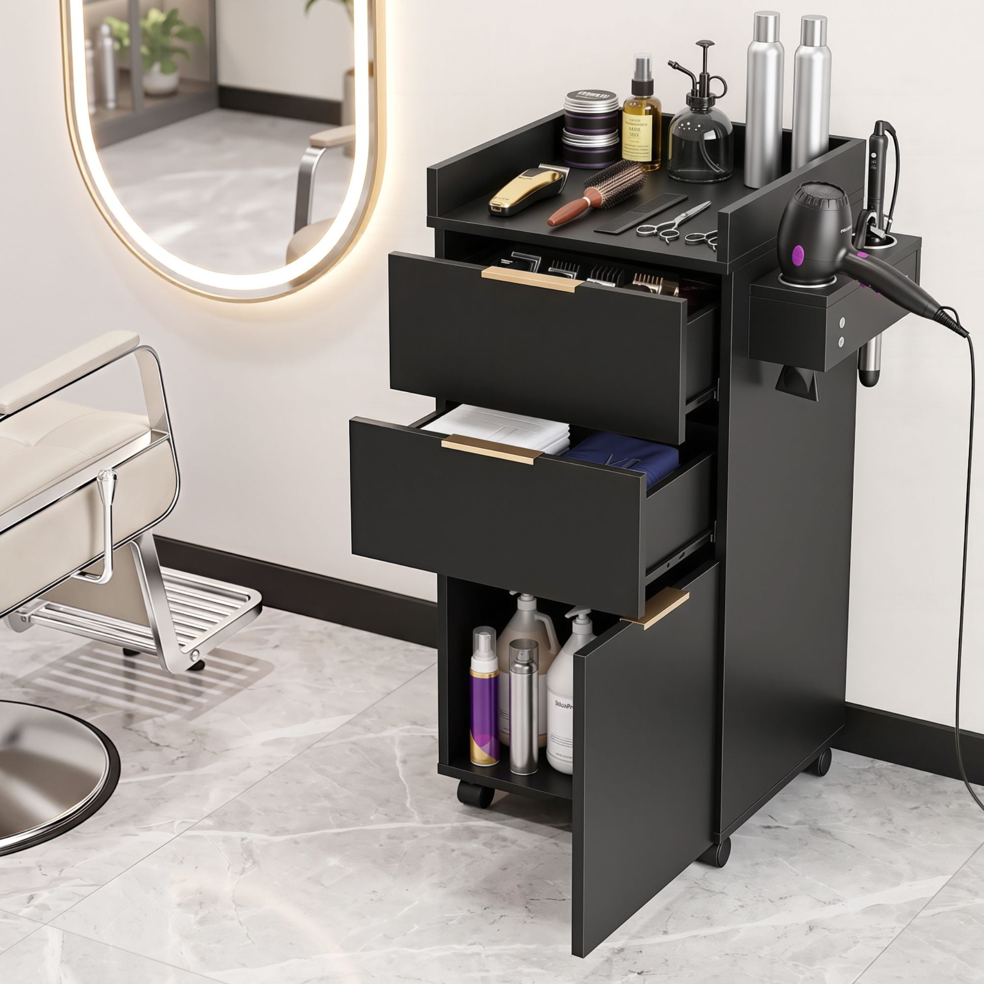 Professional Salon Station Rolling Cart, Hair Styling Beauty Cabinet with 2 Drawers, Large Supply Cabinet & 3 Appliance Holders, Wood Barber Spa Trolley with 360° Wheels for Skincare & Vanity, Black