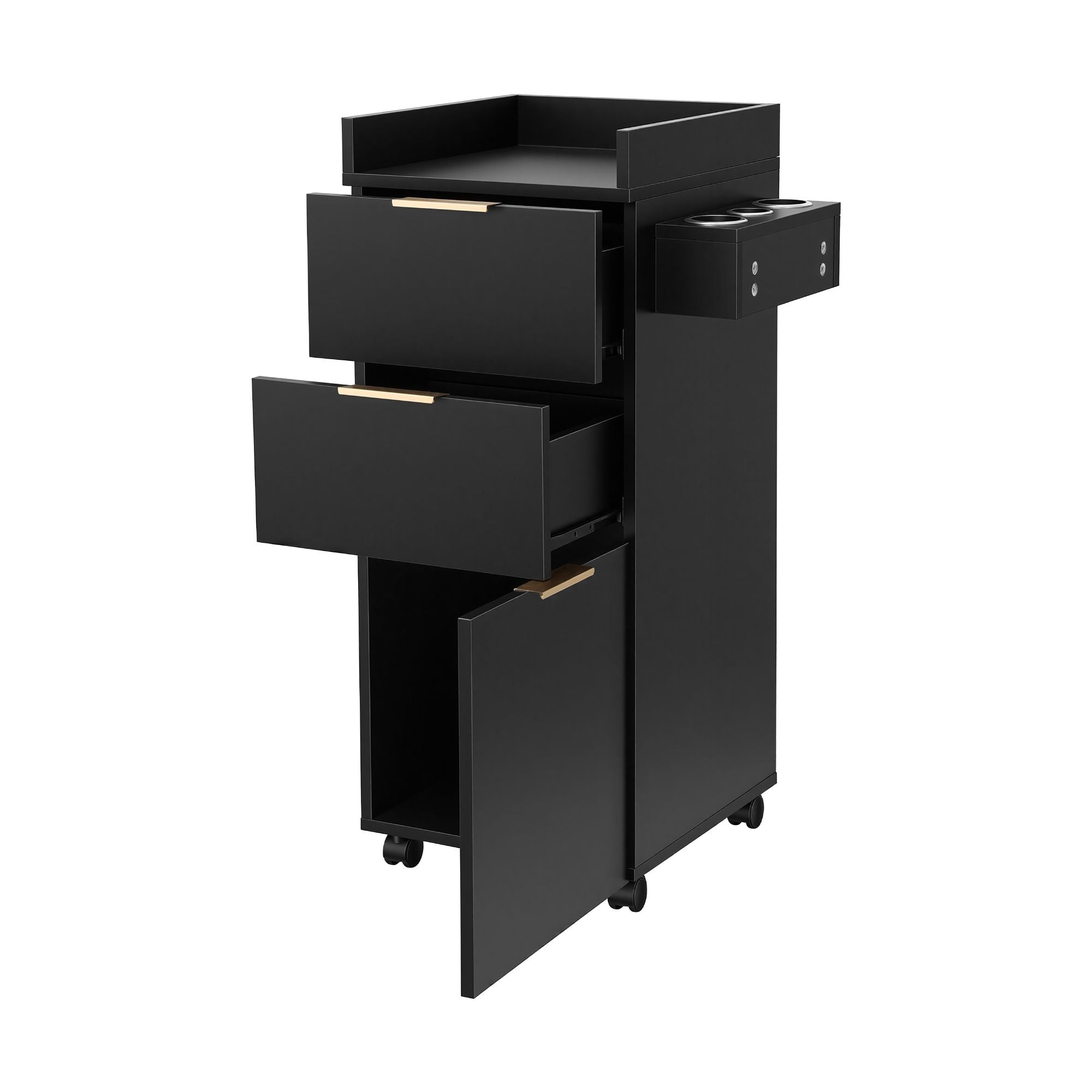 Professional Salon Station Rolling Cart, Hair Styling Beauty Cabinet with 2 Drawers, Large Supply Cabinet & 3 Appliance Holders, Wood Barber Spa Trolley with 360° Wheels for Skincare & Vanity, Black