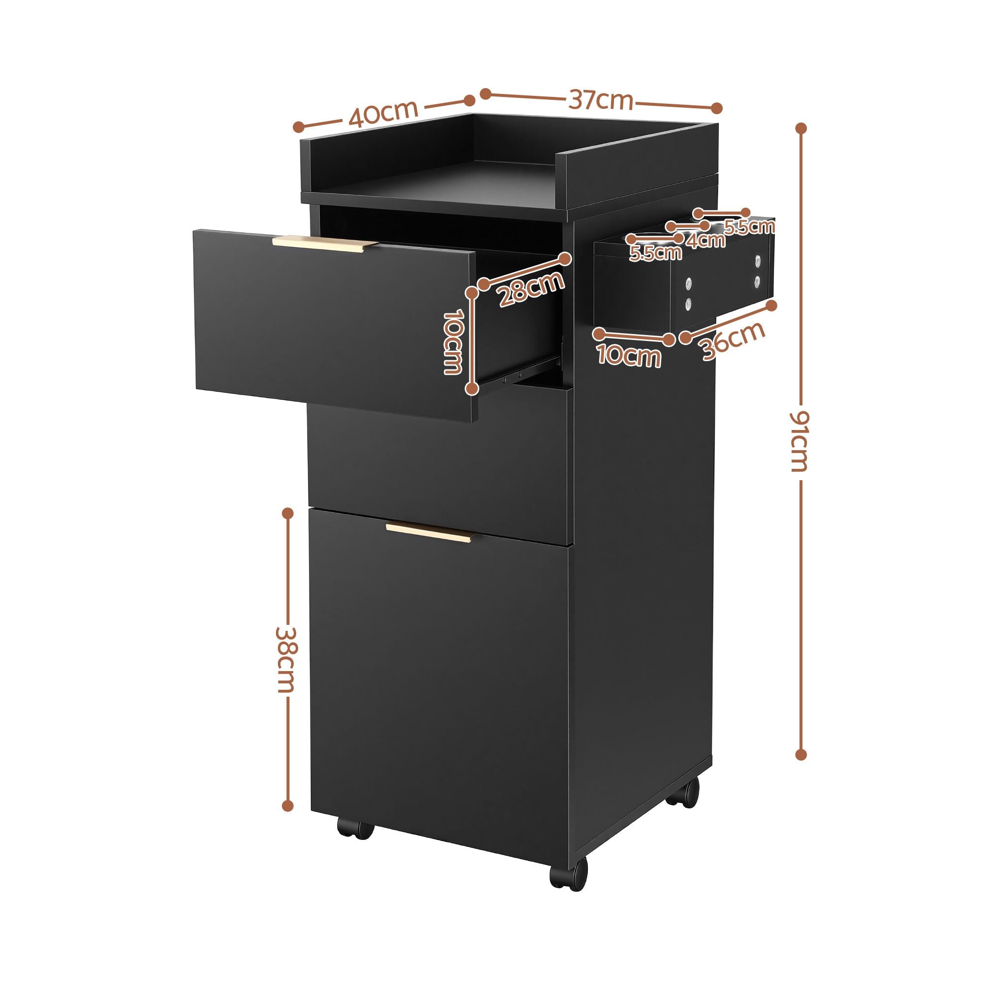 Professional Salon Station Rolling Cart, Hair Styling Beauty Cabinet with 2 Drawers, Large Supply Cabinet & 3 Appliance Holders, Wood Barber Spa Trolley with 360° Wheels for Skincare & Vanity, Black