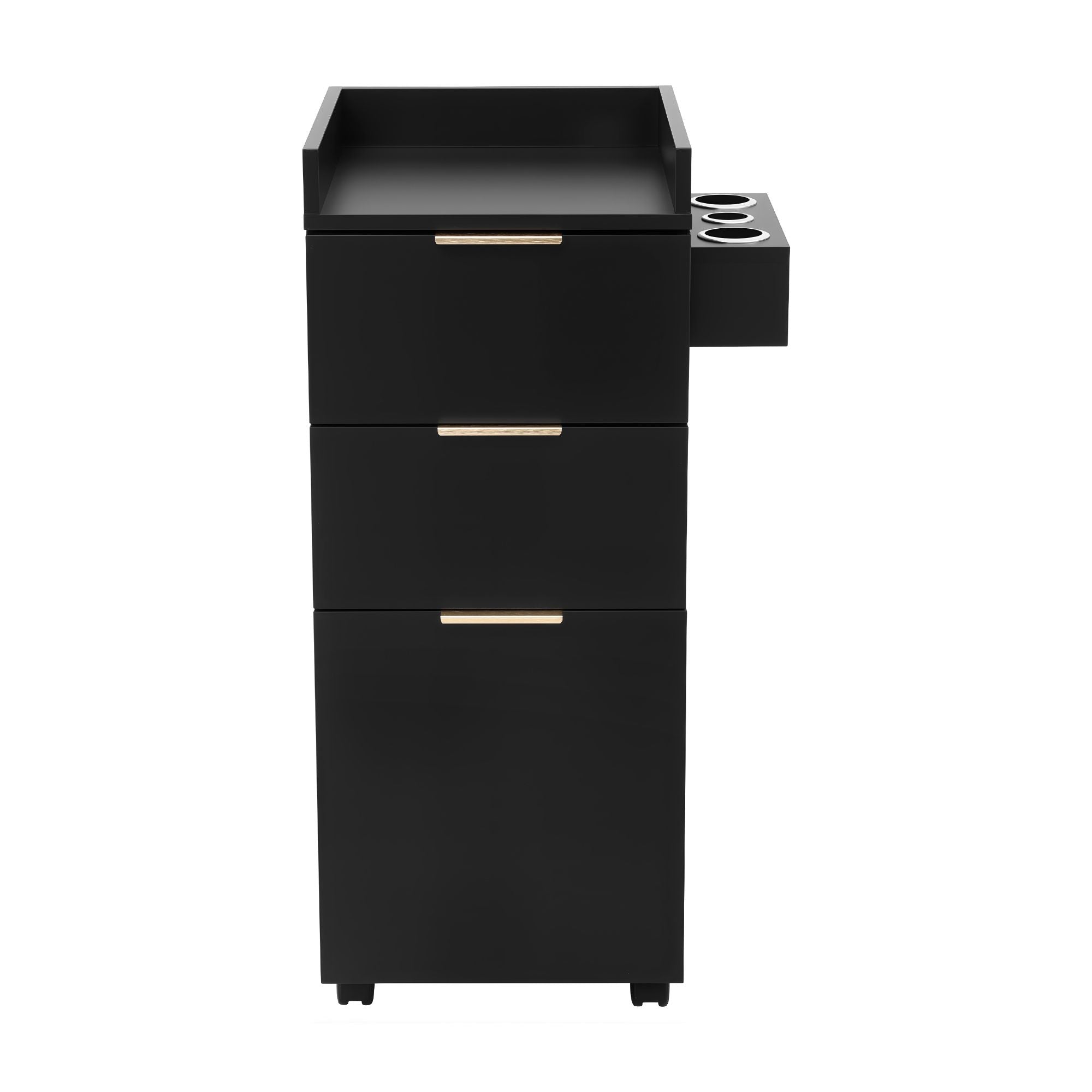 Professional Salon Station Rolling Cart, Hair Styling Beauty Cabinet with 2 Drawers, Large Supply Cabinet & 3 Appliance Holders, Wood Barber Spa Trolley with 360° Wheels for Skincare & Vanity, Black
