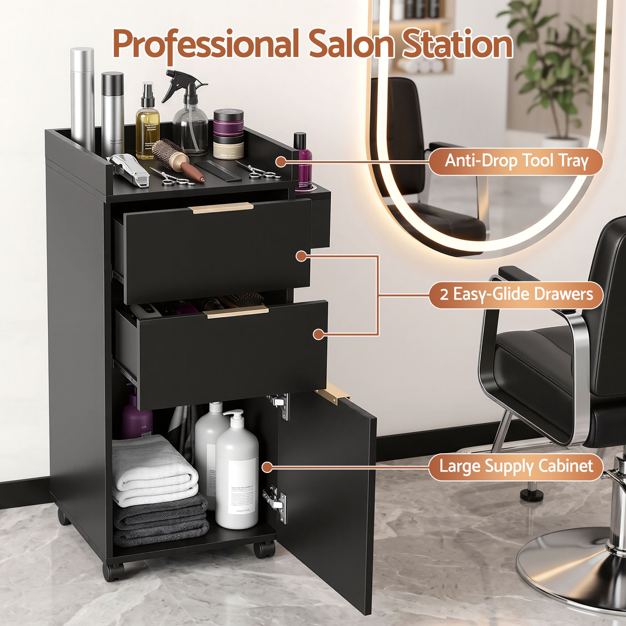 Professional Salon Station Rolling Cart, Hair Styling Beauty Cabinet with 2 Drawers, Large Supply Cabinet & 3 Appliance Holders, Wood Barber Spa Trolley with 360° Wheels for Skincare & Vanity, Black