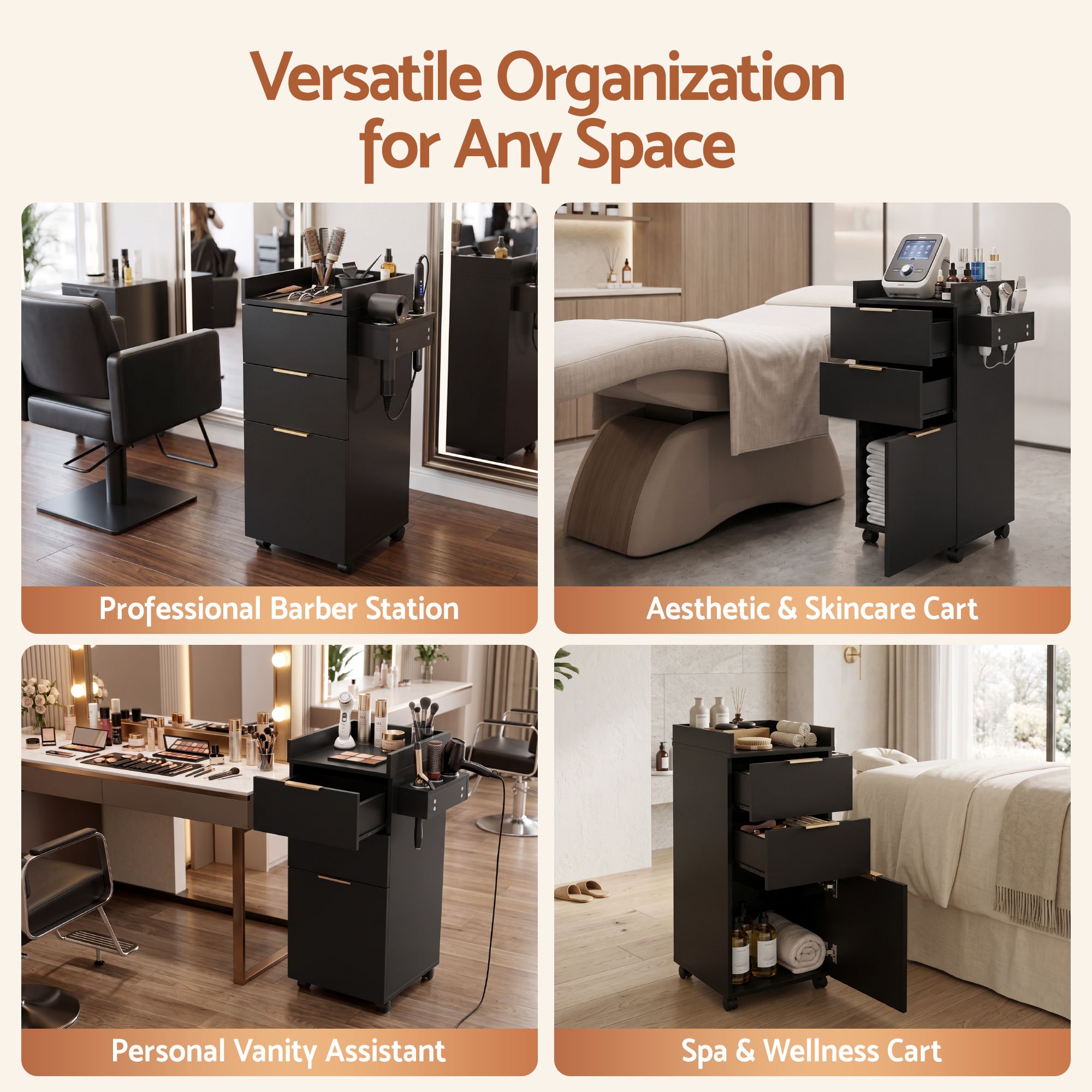 Professional Salon Station Rolling Cart, Hair Styling Beauty Cabinet with 2 Drawers, Large Supply Cabinet & 3 Appliance Holders, Wood Barber Spa Trolley with 360° Wheels for Skincare & Vanity, Black