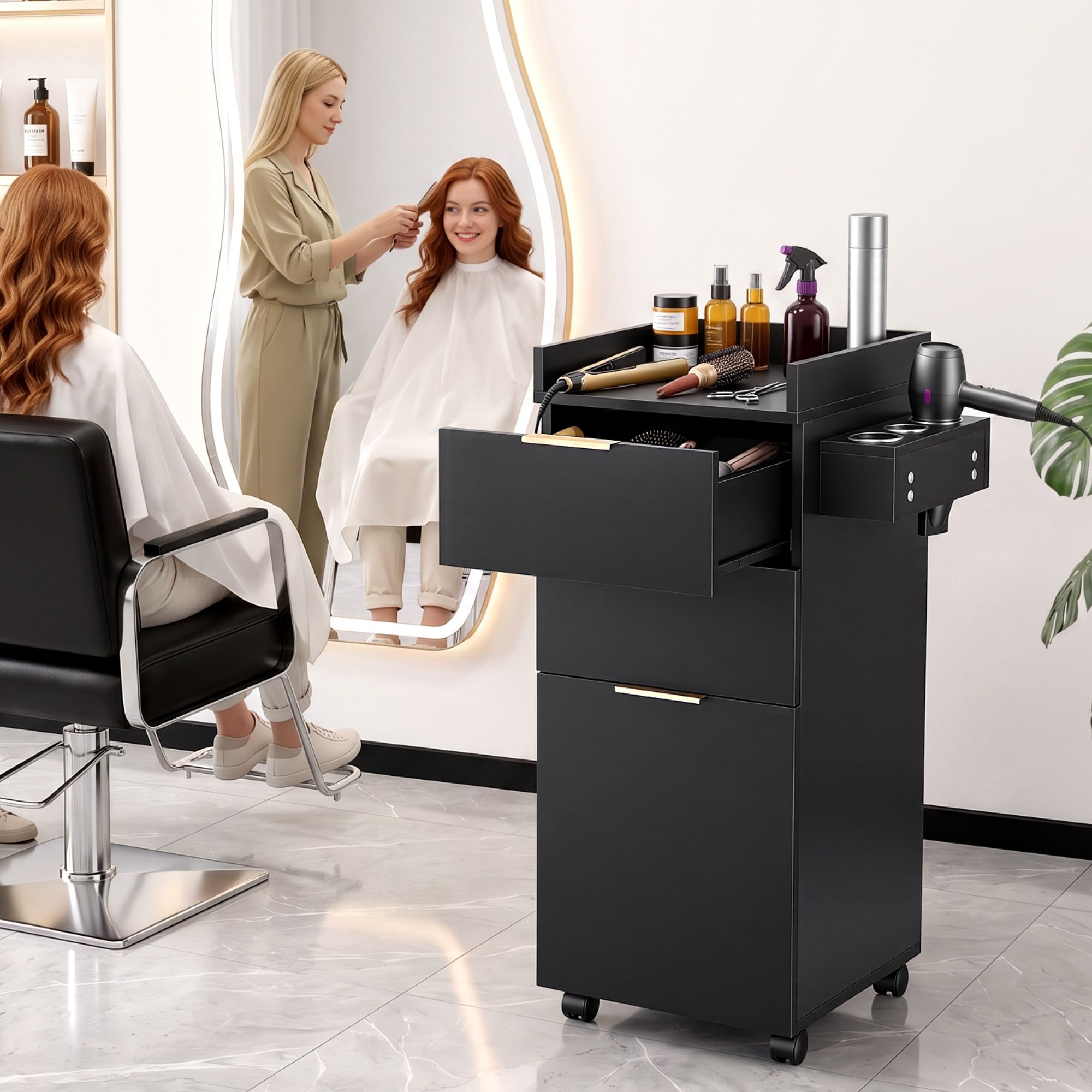 Professional Salon Station Rolling Cart, Hair Styling Beauty Cabinet with 2 Drawers, Large Supply Cabinet & 3 Appliance Holders, Wood Barber Spa Trolley with 360° Wheels for Skincare & Vanity, Black