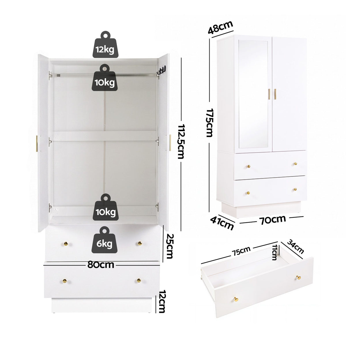LED Wardrobe Cabinet with Mirror, 2 Drawers & Hanging Rail