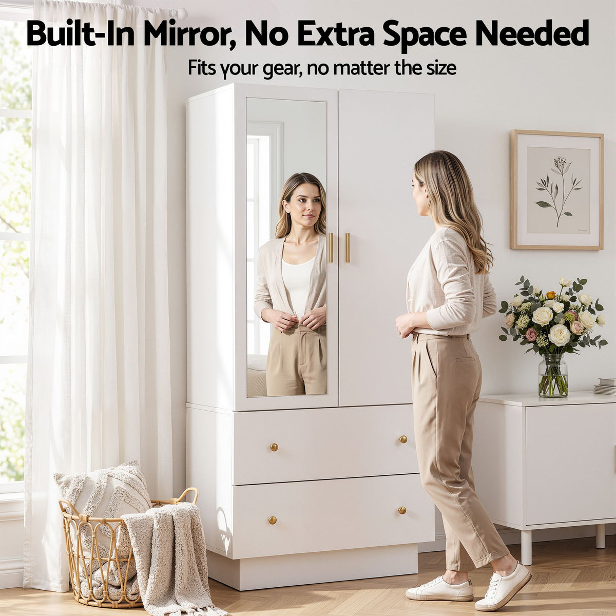 LED Wardrobe Cabinet with Mirror, 2 Drawers & Hanging Rail