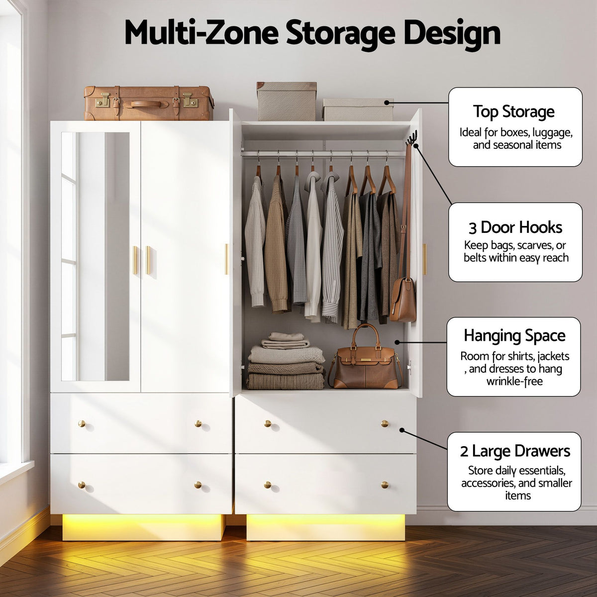 LED Wardrobe Cabinet with Mirror, 2 Drawers & Hanging Rail