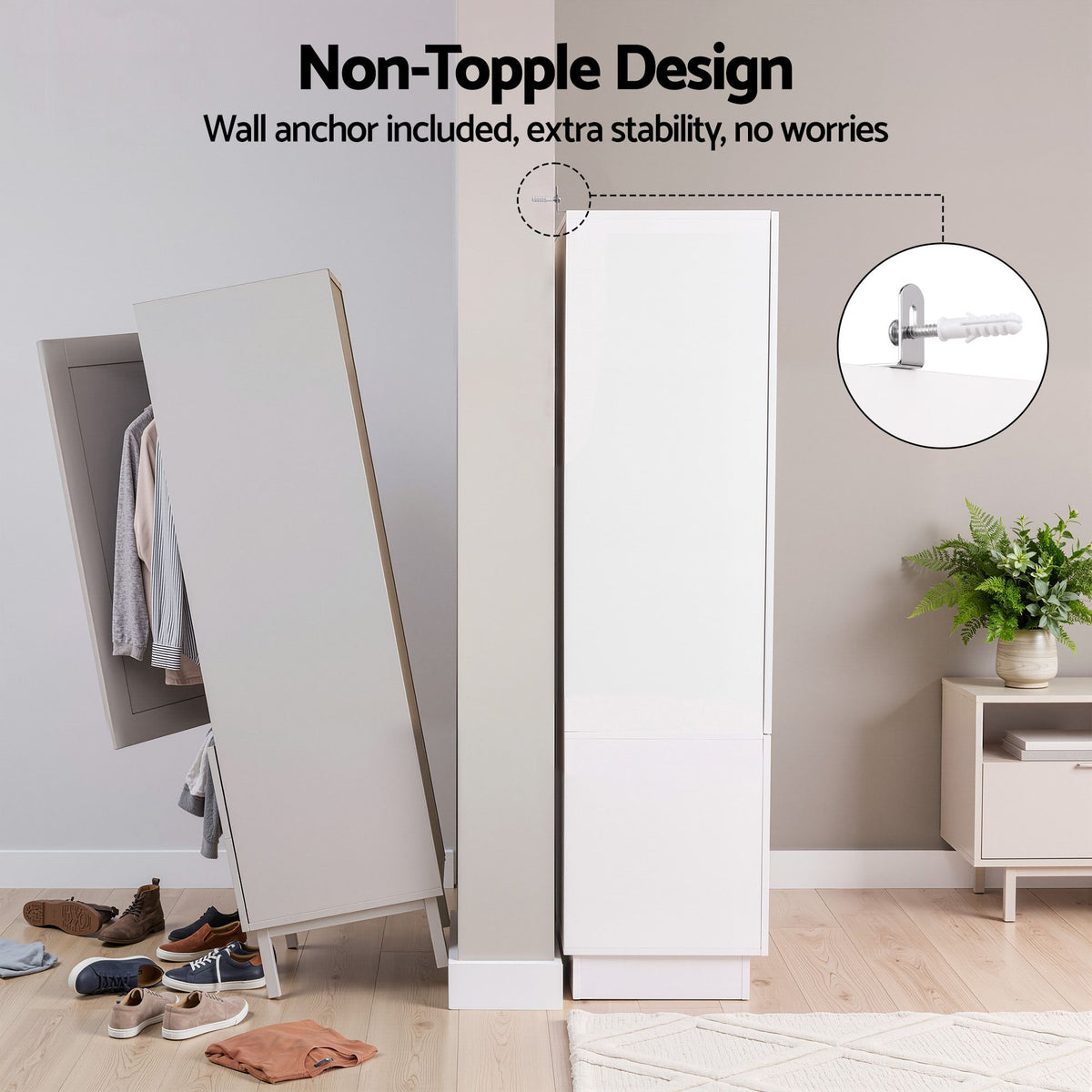 LED Wardrobe Cabinet with Mirror, 2 Drawers & Hanging Rail