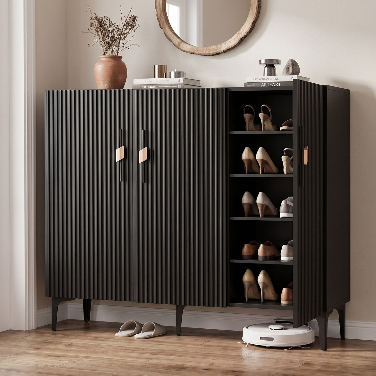 Shoe Cabinet with Fluted Design and Soft-Close Hinges for 25 Pairs - Black