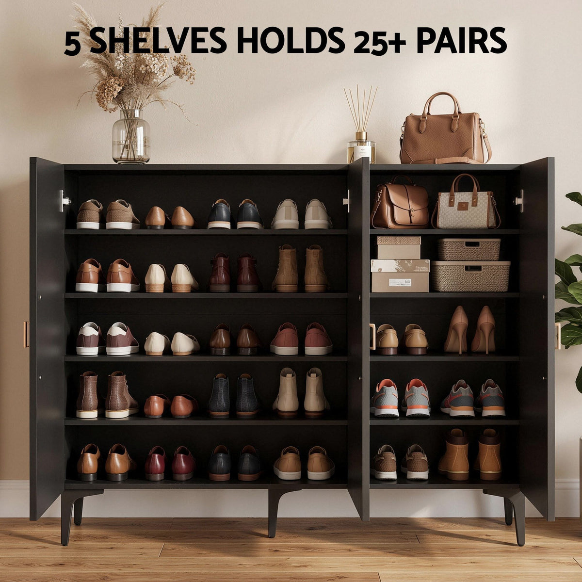 Shoe Cabinet with Fluted Design and Soft-Close Hinges for 25 Pairs - Black