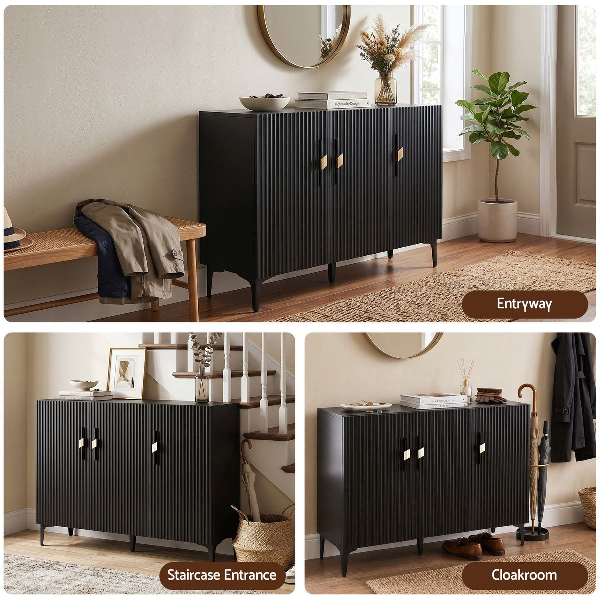Shoe Cabinet with Fluted Design and Soft-Close Hinges for 25 Pairs - Black