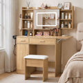 Dressing Table Vanity Desk Set with LED Charging Station and Stool - Wood