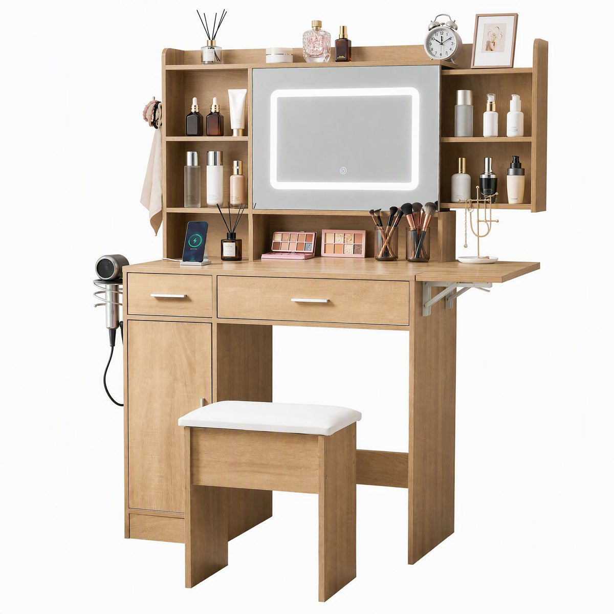 Dressing Table Vanity Desk Set with LED Charging Station and Stool - Wood