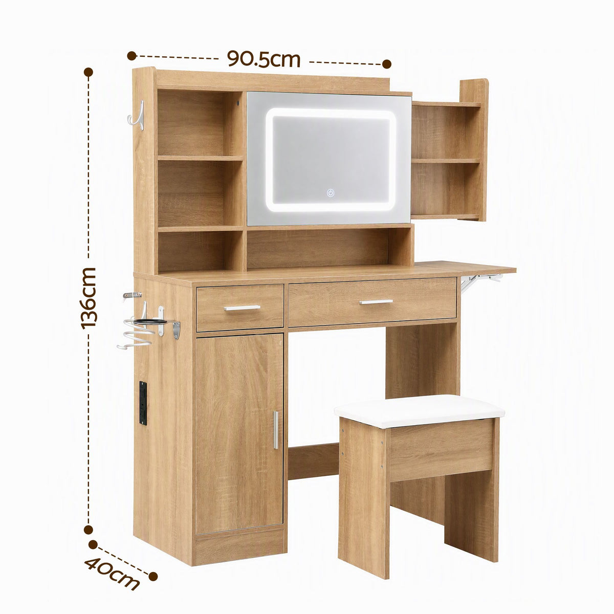 Dressing Table Vanity Desk Set with LED Charging Station and Stool - Wood