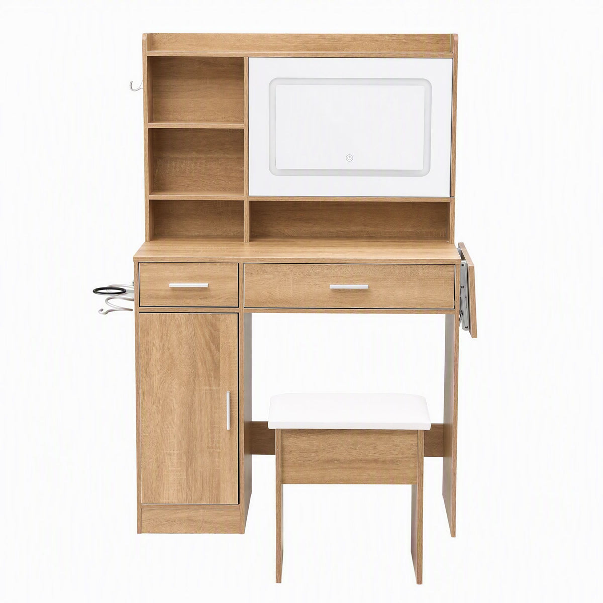 Dressing Table Vanity Desk Set with LED Charging Station and Stool - Wood