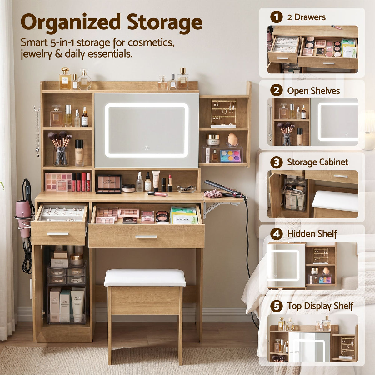 Dressing Table Vanity Desk Set with LED Charging Station and Stool - Wood