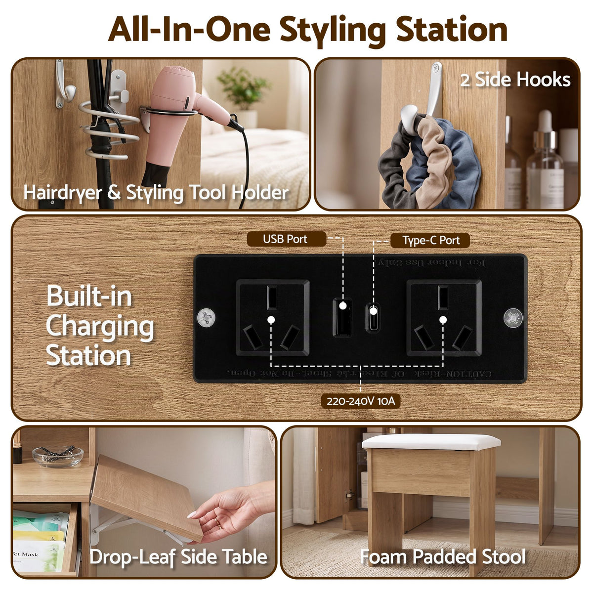 Dressing Table Vanity Desk Set with LED Charging Station and Stool - Wood