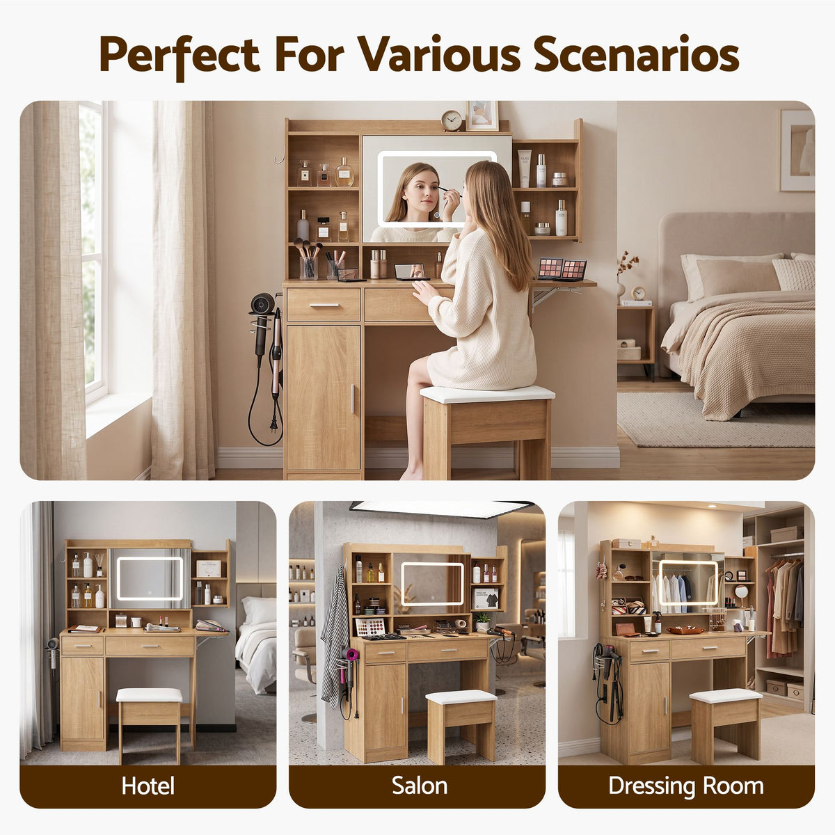 Dressing Table Vanity Desk Set with LED Charging Station and Stool - Wood