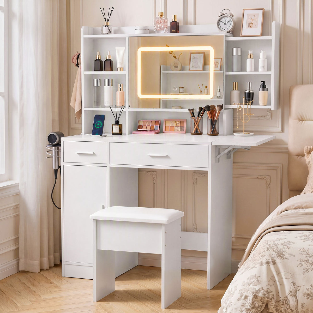 Dressing Table Vanity Desk Set with LED Mirror, Charging Station & Stool - White