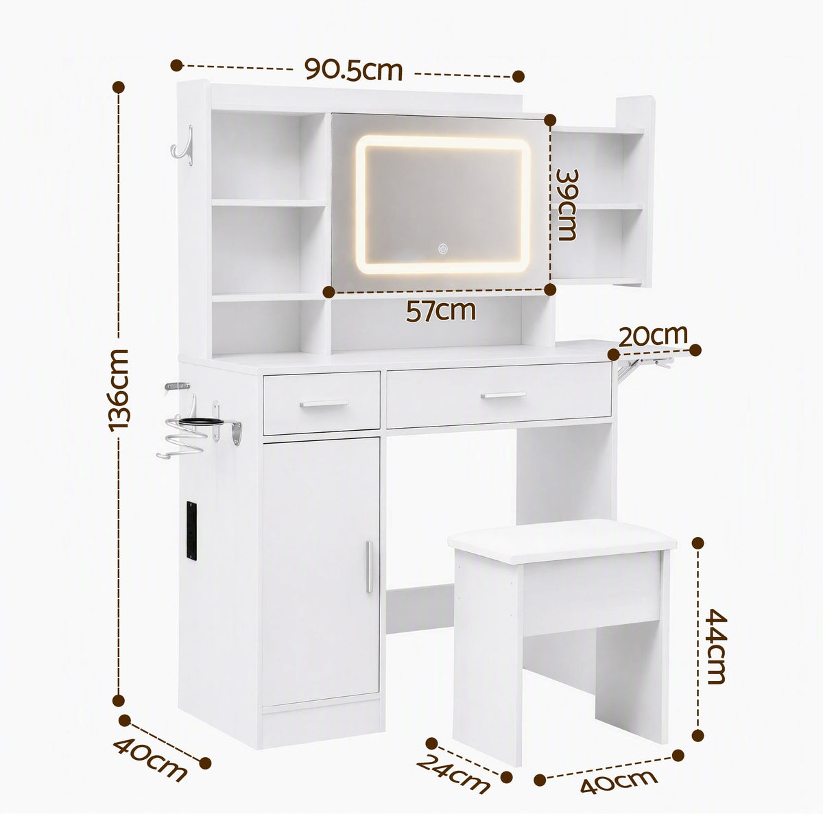 Dressing Table Vanity Desk Set with LED Mirror, Charging Station & Stool - White