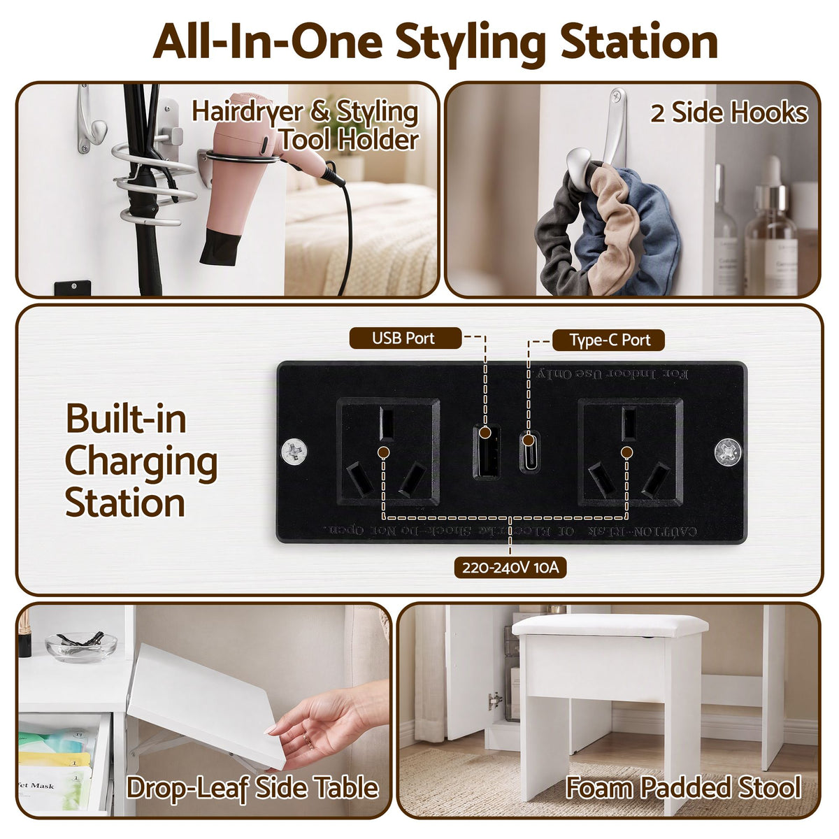 Dressing Table Vanity Desk Set with LED Mirror, Charging Station & Stool - White