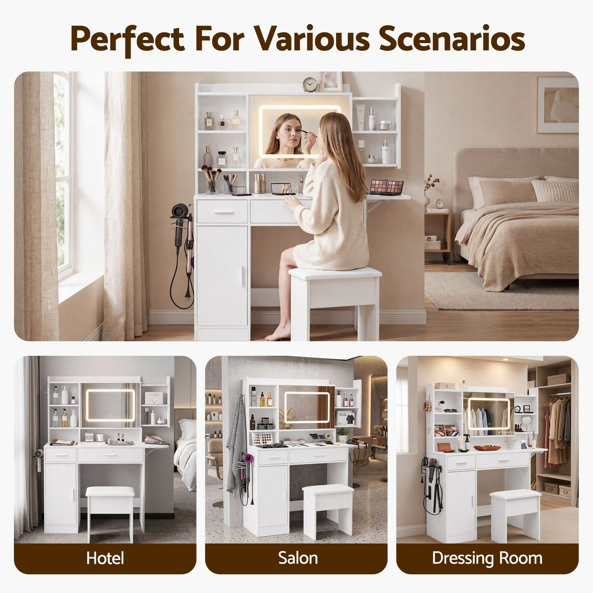 Dressing Table Vanity Desk Set with LED Mirror, Charging Station & Stool - White