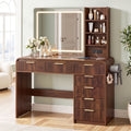 Dressing Table Vanity Desk with LED Lighted Mirror, Glass Top & 7 Fluted Drawers 120cm - Walnut
