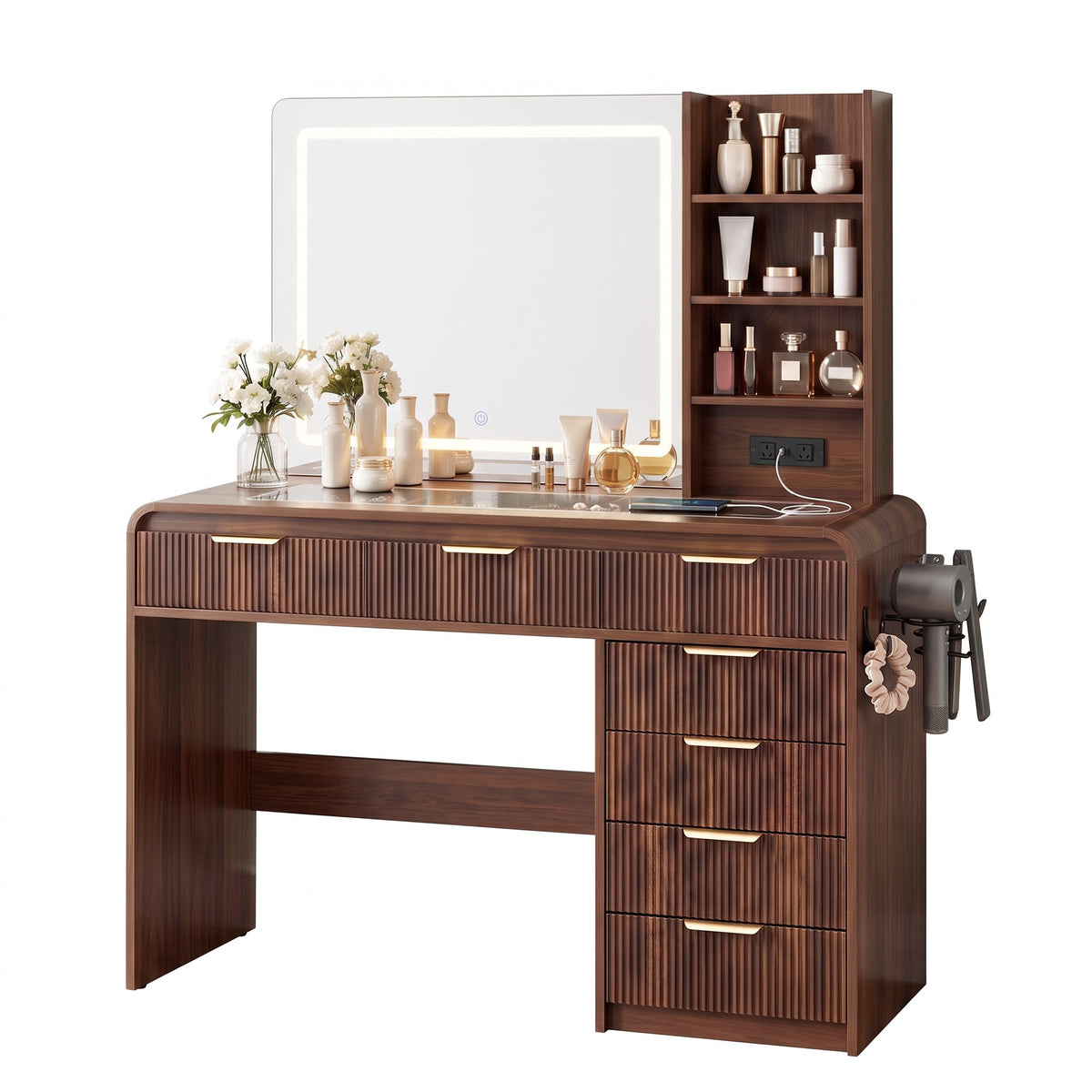 Dressing Table Vanity Desk with LED Lighted Mirror, Glass Top & 7 Fluted Drawers 120cm - Walnut