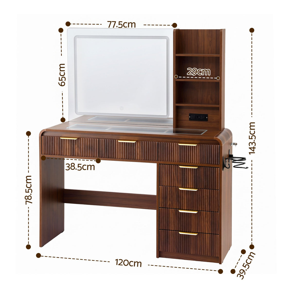 Dressing Table Vanity Desk with LED Lighted Mirror, Glass Top & 7 Fluted Drawers 120cm - Walnut
