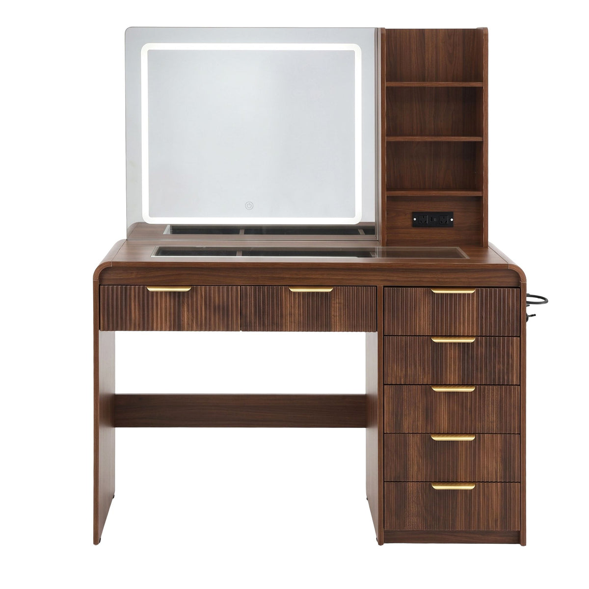Dressing Table Vanity Desk with LED Lighted Mirror, Glass Top & 7 Fluted Drawers 120cm - Walnut