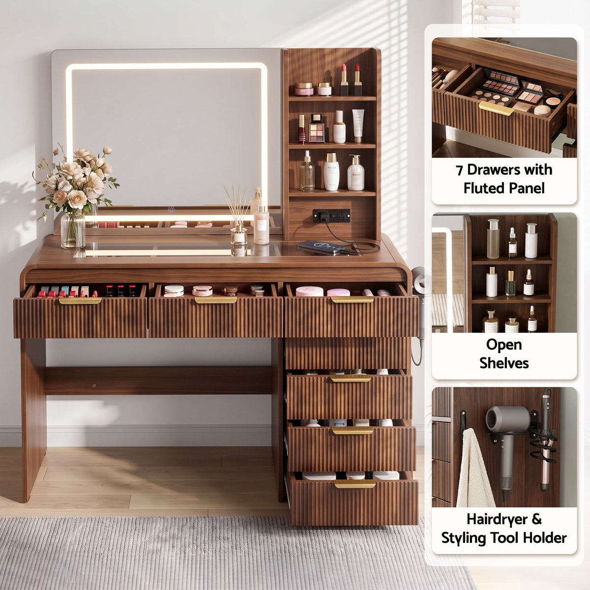 Dressing Table Vanity Desk with LED Lighted Mirror, Glass Top & 7 Fluted Drawers 120cm - Walnut