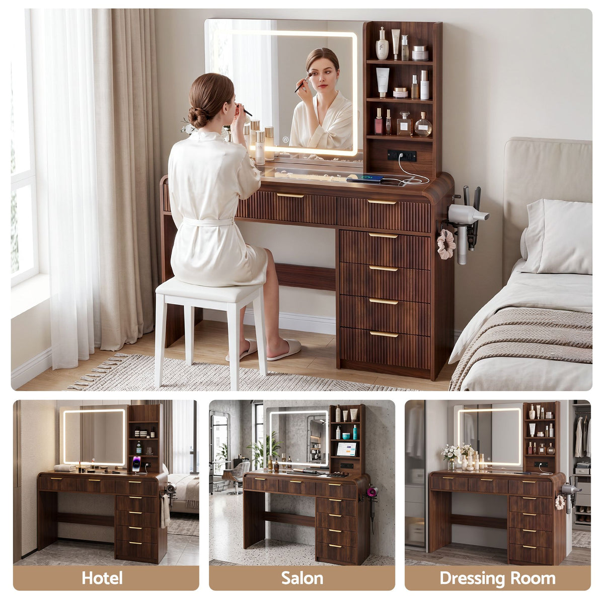 Dressing Table Vanity Desk with LED Lighted Mirror, Glass Top & 7 Fluted Drawers 120cm - Walnut