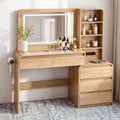 Dressing Table Makeup Vanity Desk with LED Mirror, Drawers & Charging Station - Wood