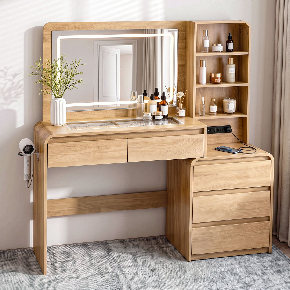 Dressing Table Makeup Vanity Desk with LED Mirror, Drawers & Charging Station - Wood