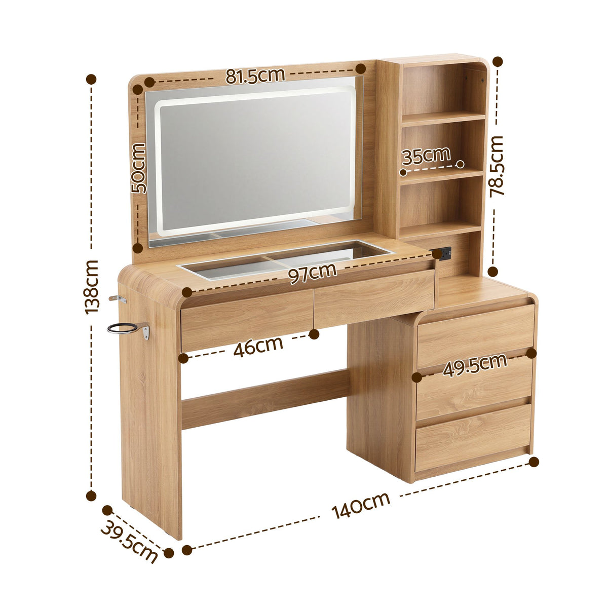 Dressing Table Makeup Vanity Desk with LED Mirror, Drawers & Charging Station - Wood