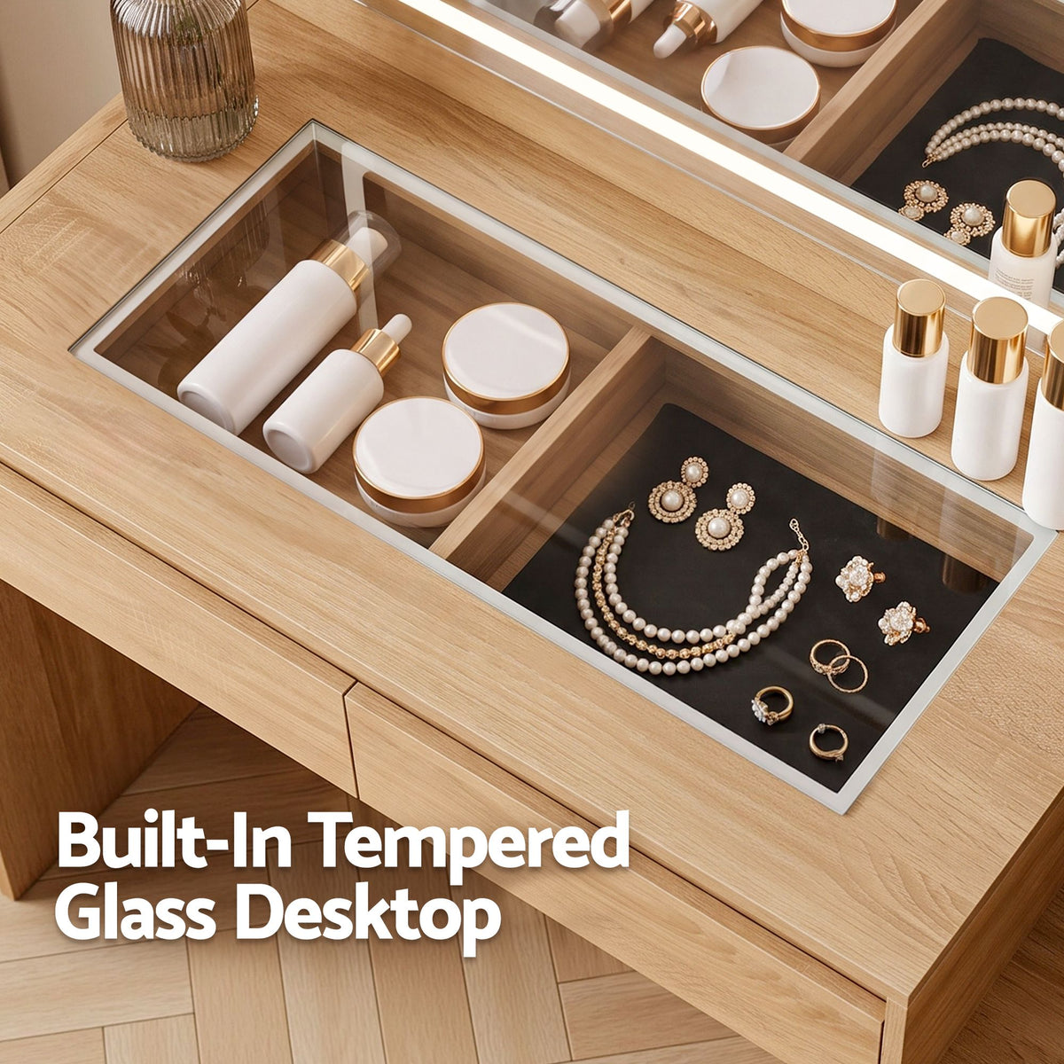 Dressing Table Makeup Vanity Desk with LED Mirror, Drawers & Charging Station - Wood