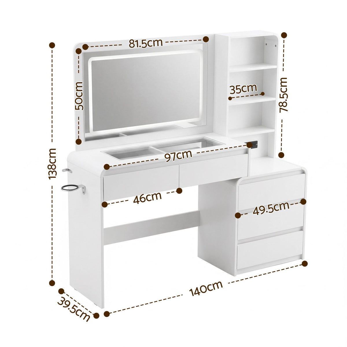 Dressing Table Makeup Vanity Desk with LED Mirror, Drawers & Charging Station - White