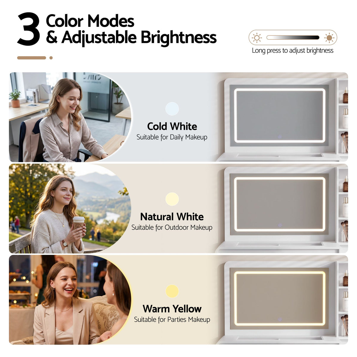 Dressing Table Makeup Vanity Desk with LED Mirror, Drawers & Charging Station - White