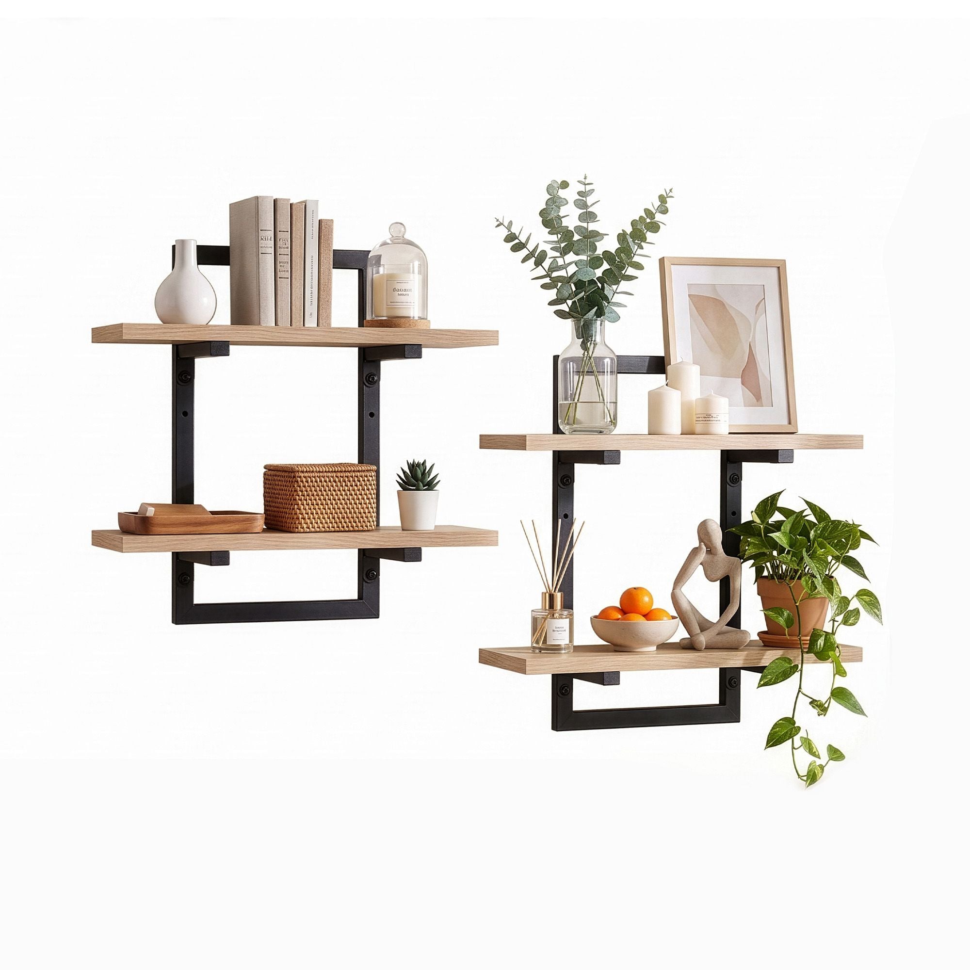 Set of 2 Floating 2-Tier Wall-Mounted Shelves 36.5x13.5x40cm Wood and Metal - Black