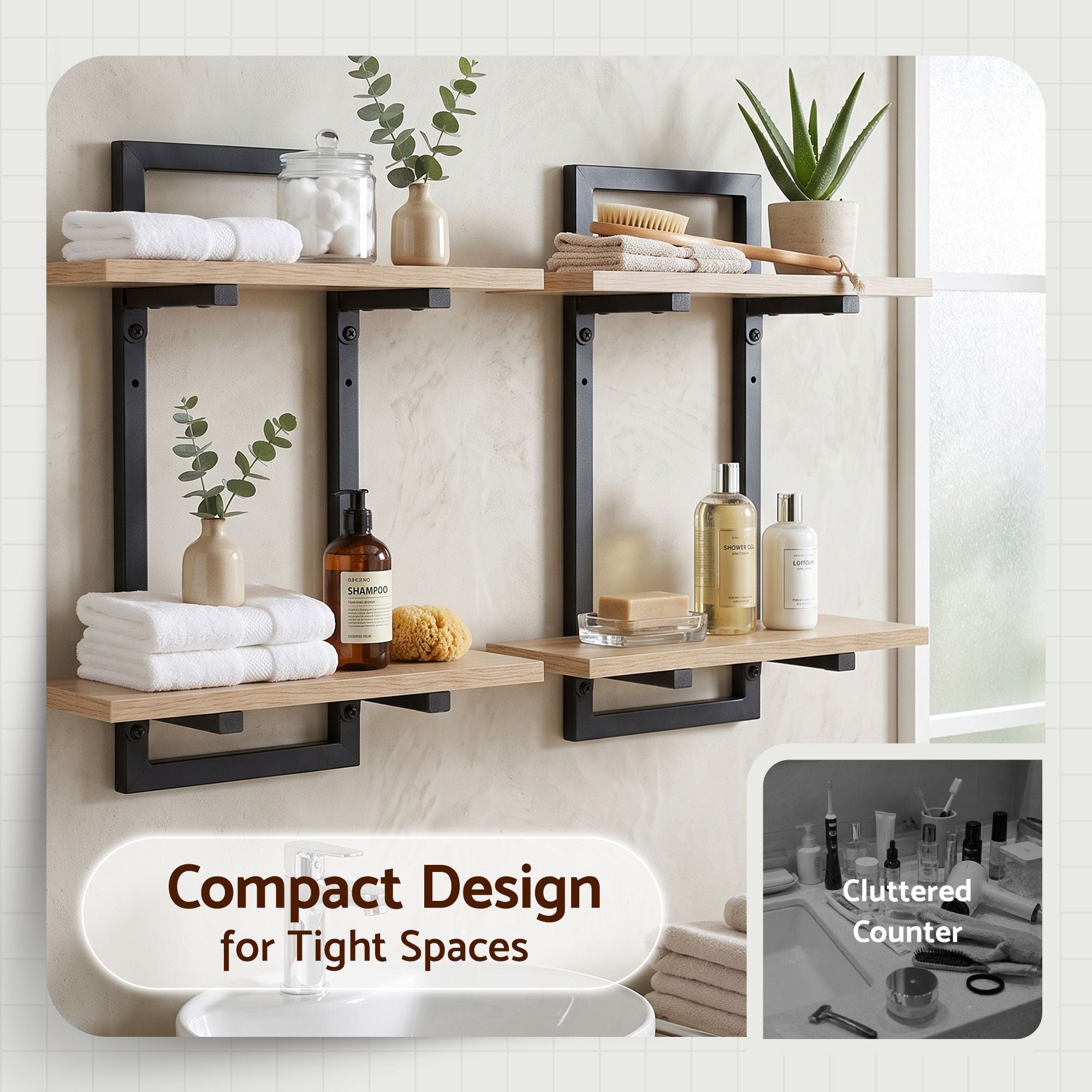 Set of 2 Floating 2-Tier Wall-Mounted Shelves 36.5x13.5x40cm Wood and Metal - Black