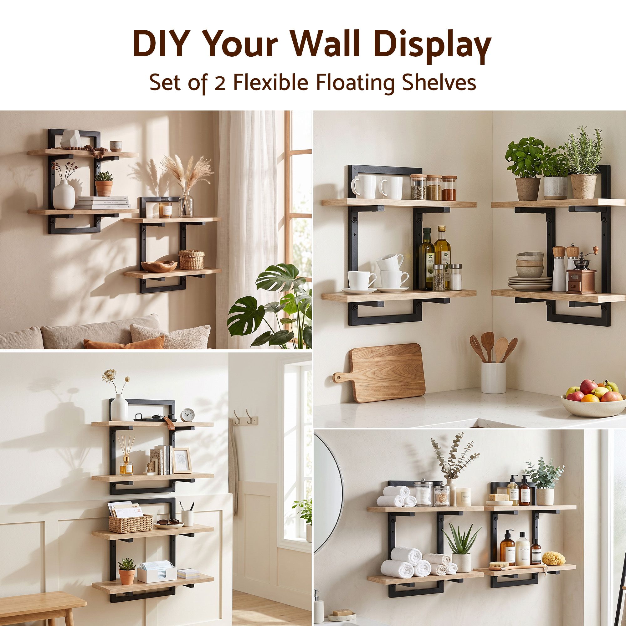 Set of 2 Floating 2-Tier Wall-Mounted Shelves 36.5x13.5x40cm Wood and Metal - Black