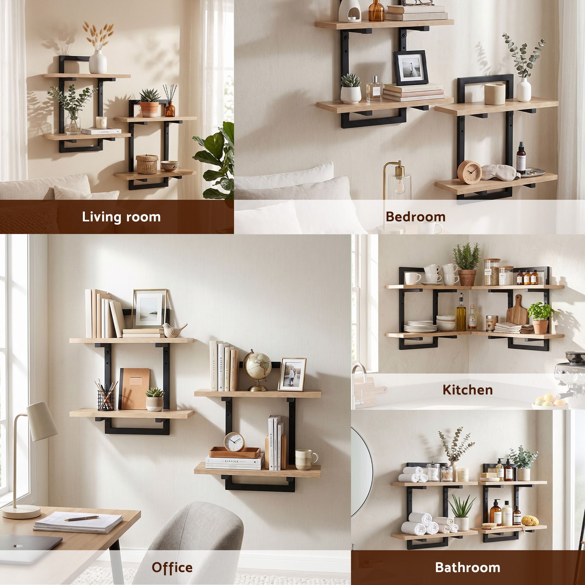 Set of 2 Floating 2-Tier Wall-Mounted Shelves 36.5x13.5x40cm Wood and Metal - Black