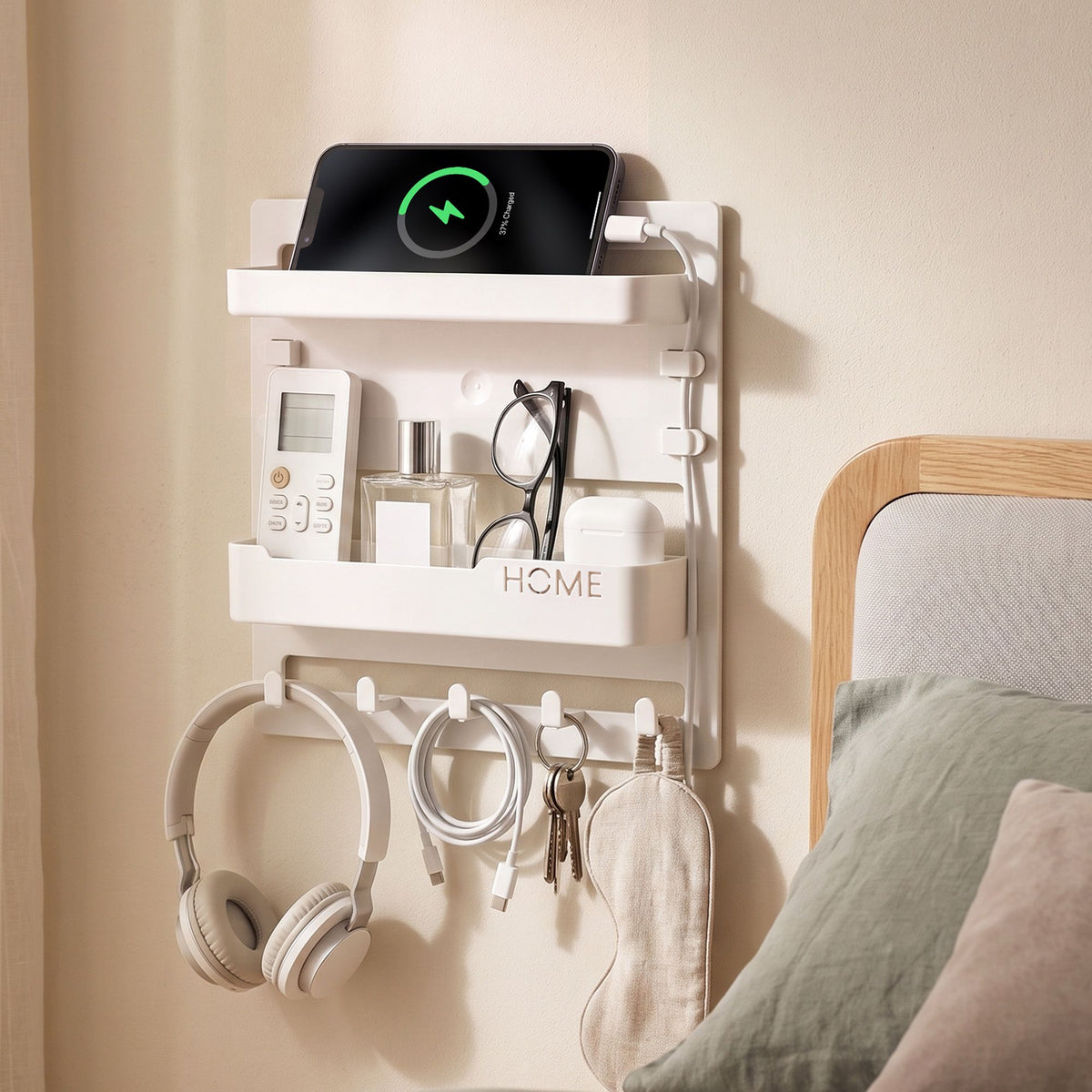 Bedside Shelf Wall Mount Organizer with No-Drill Self-Adhesive Floating Nightstand Caddy for Storage and Room Decor
