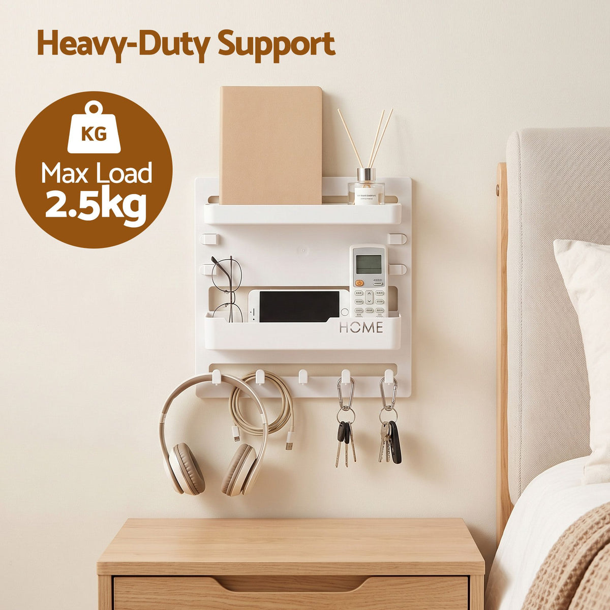 Bedside Shelf Wall Mount Organizer with No-Drill Self-Adhesive Floating Nightstand Caddy for Storage and Room Decor