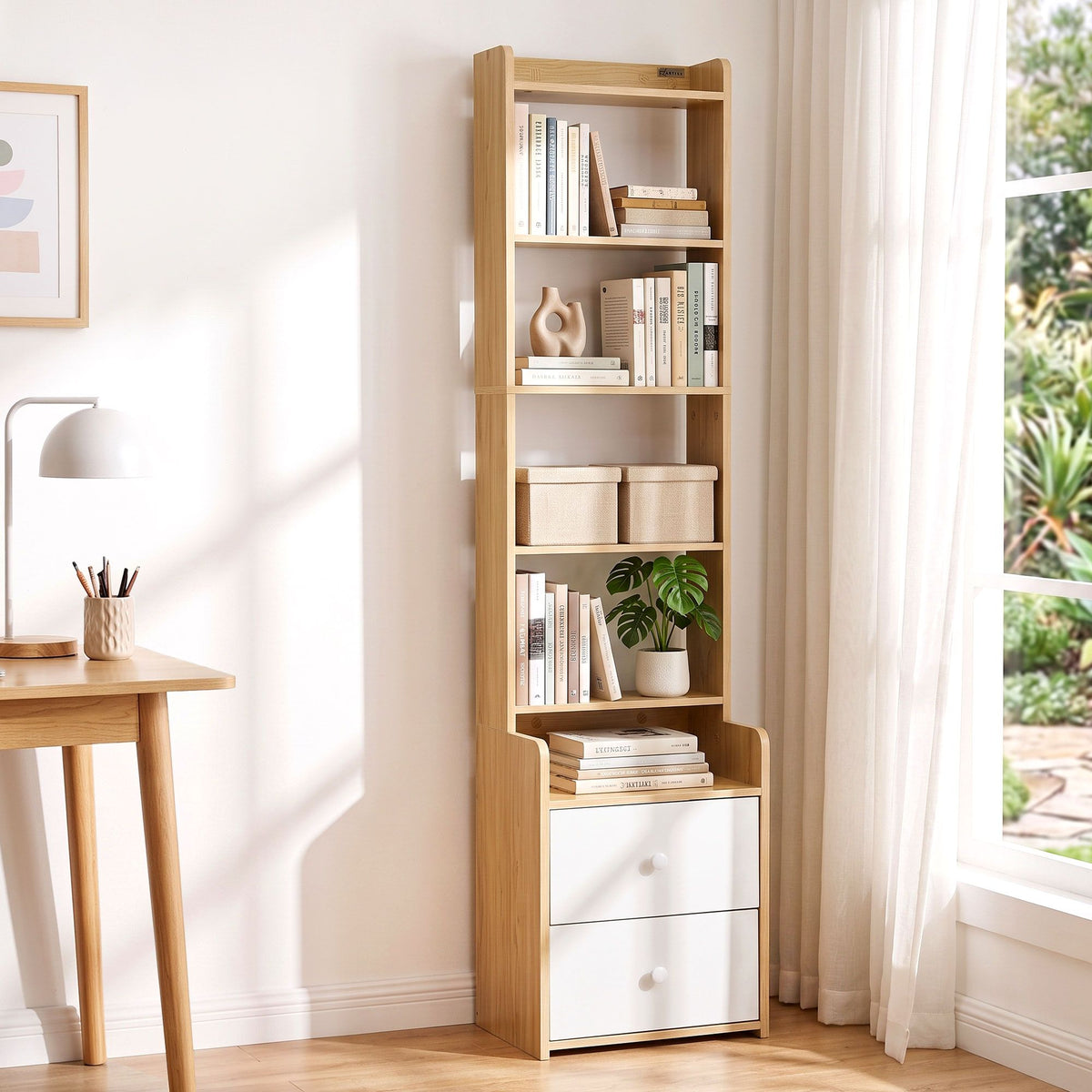 6 Tier Bookshelf with 2 Drawers Storage Shelf - Pine