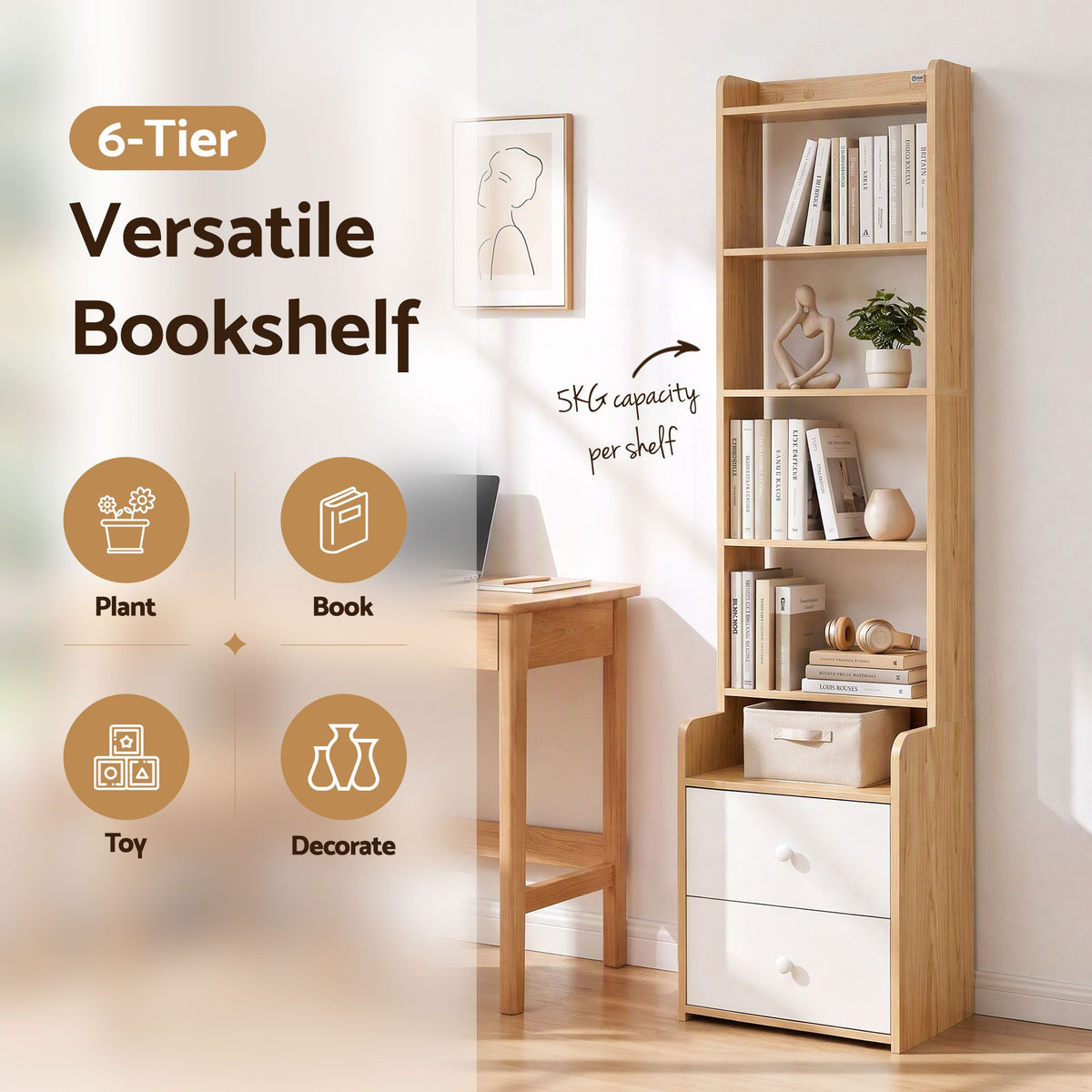 6 Tier Bookshelf with 2 Drawers Storage Shelf - Pine