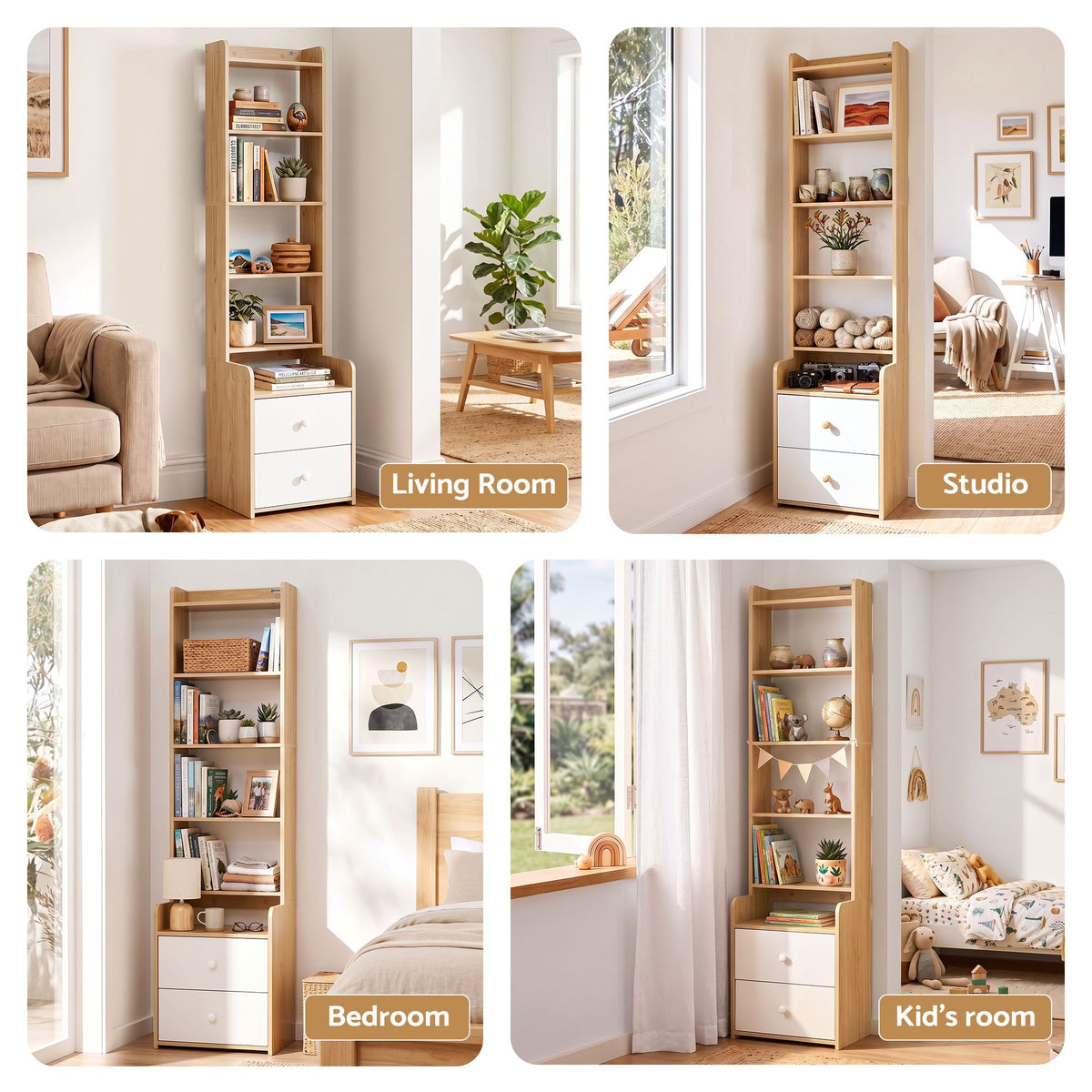 6 Tier Bookshelf with 2 Drawers Storage Shelf - Pine